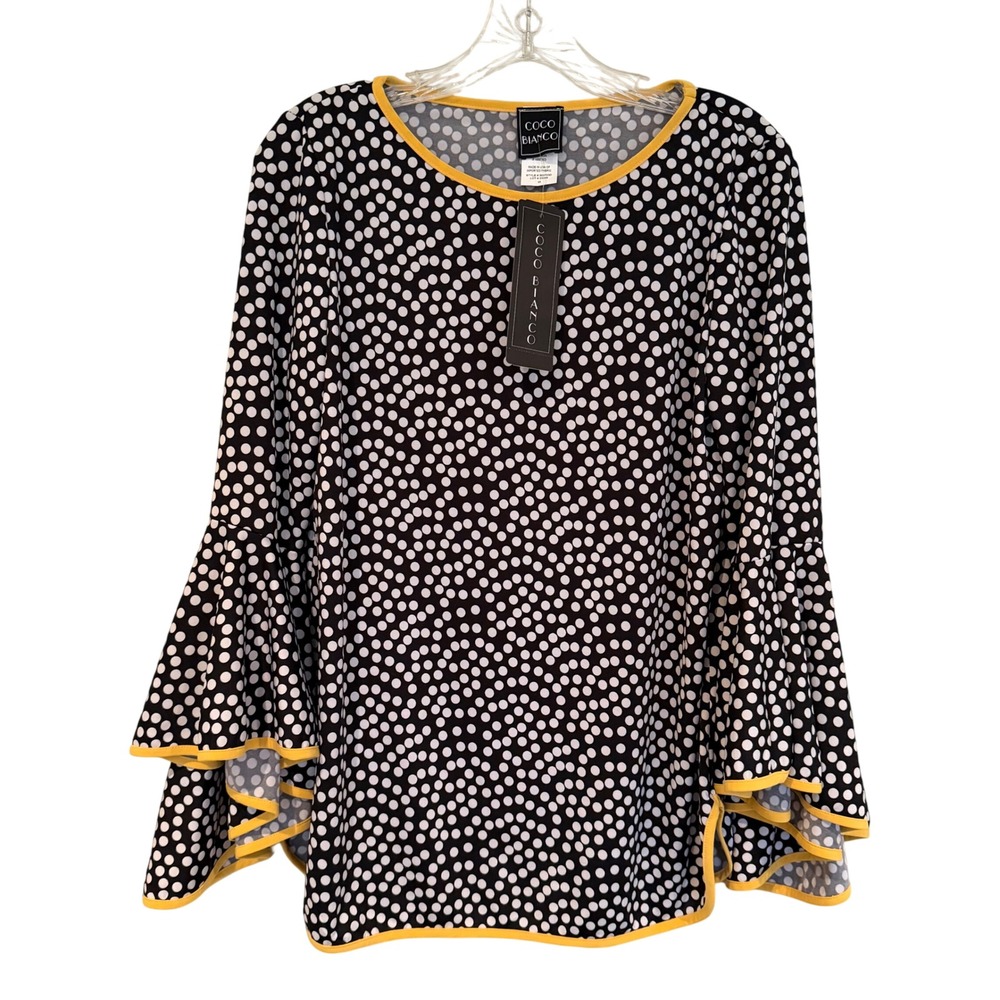 COCO BIANCO Polka Dot Bell Sleeve Blouse Womens M Black Feminine Career Workwear